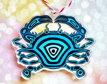 Blue Crab Christmas Ornament Acrylic Charm Cancer Zodiac art Summer Beach Seafood Ocean Sea creature Fun Unique Cute Gift Women Teen girls