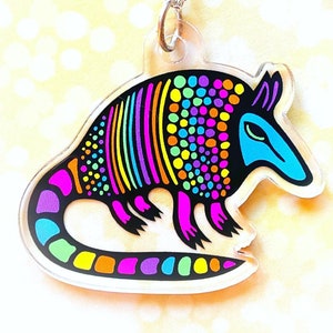 Rainbow Armadillo Necklace Acrylic Charm jewelry Colorful Texas gift Wildlife Fun Cute Unique armadillo animal gift Women girls Original art