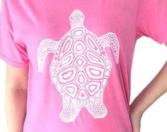 Pink Sea Turtle T-Shirt, Hand-Printed Graphic Tee