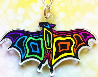 Rainbow Bat Necklace Acrylic Charm Jewelry Colorful Texas Gift Wildlife Fun Cute Unique Colorful Bats Animal Design Women Girls Original Art