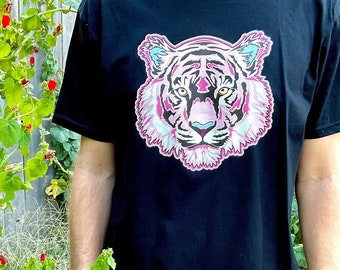 Pink Tiger Graphic T-Shirt, Hand-Printed Cotton Unisex Tee