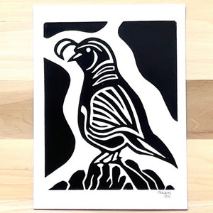 The Quail-Linoleum Block Print handmade bird art print Bird lovers wildlife Unique cute fun gift for men women California Quail home decor