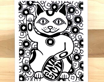 Maneki Neko Money Come Cat - Linoleum Block Print Cat Lovers Gift Money Cat Cute Fun Animals Japanese Wood Block Art Style Asian Lucky Japan