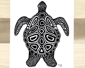 Sea Turtle Linoleum Block Print - Handmade Ocean Art (8x10)