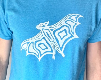 Blue Bat T-shirt – Hand-Printed Graphic Tee, Animal Lover Gift