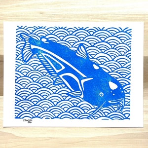 Japanese Catfish Linocut Print – Hand Printed Asian Fish Wall Art, Japan Lover Gift