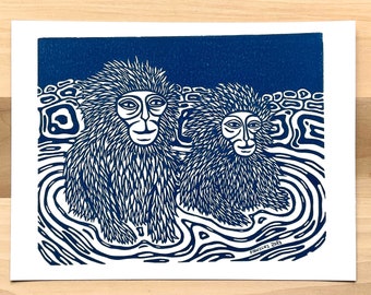 Snow Monkey Linocut Print – Japanese Onsen Monkey Wall Art, Japan Lover Gift