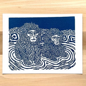Snow Monkey Linocut Print – Japanese Onsen Monkey Wall Art, Japan Lover Gift