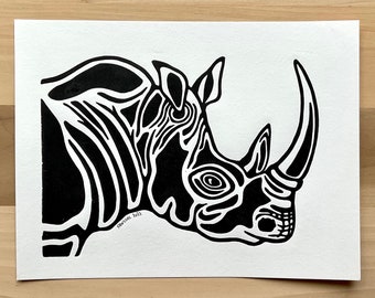 Rhino Block Print, African Animal Portrait, Black and White Art