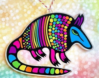 Rainbow Armadillo Acrylic Ornament Christmas Tree Ornaments fun bright color design Texas southern living gift funky cute kawaii ornament