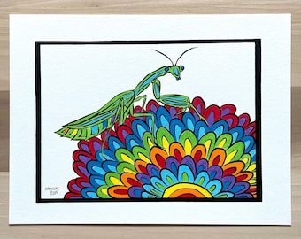 Rainbow Praying Mantis Painting / Hand Painted Print / Acrylic Paint original design flowers animal lover portraits modern pop art