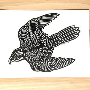 The Falcon - Linoleum Block Print Wood Block Wall Decor Art Cool Fun Cute Handmade Bird of Prey Gift for Men Women Cute Designs Peregrine