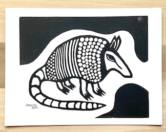 Armadillo Art Print - Linoleum Block Print, Texas Animal