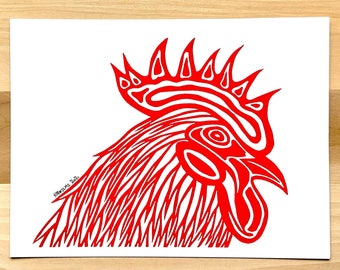 The Rooster - Linoleum Block Print Chicken Animals Lovers Cool Fun Bird Art Barnyard Farm Farmer Gift Egg Cock Chinese Zodiac Pet Portrait