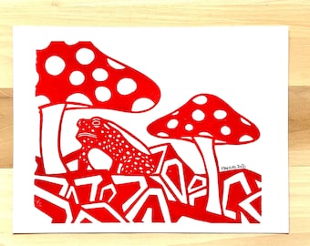 Toad and Mushroom Linoleum Block Print - Signed Limited Edition