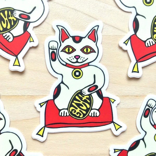 White Maneki Neko 3in Vinyl Sticker Japanese Money Come Cat Cool Animals Water Bottle Decals Animal Lovers Gift Fun Cat Lover Gift Good Luck