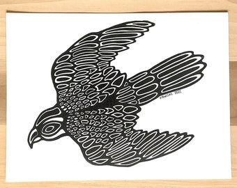 Falcon Block Print - Handmade Linoleum Bird Art (8x10)