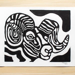 The Bighorn Sheep - Linoleum Block Print handmade hand carved original design land animals lovers cool horn fun folk art style Ram Aries