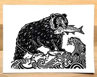 Grizzly Bear Salmon Linoleum Block Print - Handmade Woodland Art