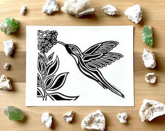Hummingbird Linoleum Block Print – Handmade Bird Art, 8x10