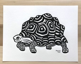 The Tortoise - Linoleum Block Print / Turtle Nature Lovers / Nature Animal Designs /  Pet Portrait / Modern Wall Art / Desert Animal Series