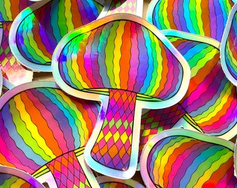 Holographic Rainbow Mushroom Sticker, Waterproof Vinyl Decal
