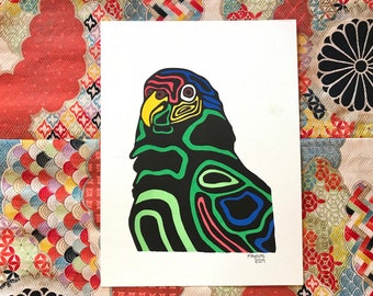 Handpainted 7x14 stretched canvas with parrot embellishment.