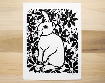 The Flowery Rabbit - Linoleum Block Print handmade hand carved original design animals lovers pet portraits designs folk art style Flowers