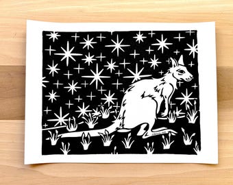 Kangaroo Linocut Print – Hand Carved Block Print, Night Sky Animal Art, Black and White Relief Print