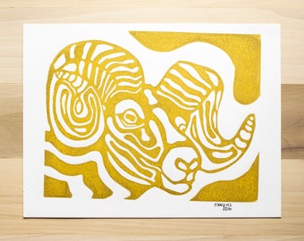 The Gold Bighorn Sheep - Linoleum Block Print handmade hand carved original design land animals lovers portraits designs folk art Ram Aries