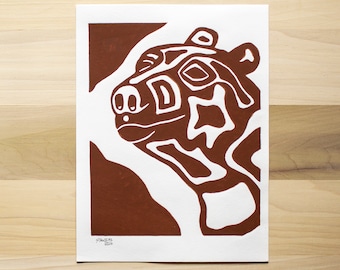 Impresión en linóleo de un oso pardo – Arte popular hecho a mano (8x10)