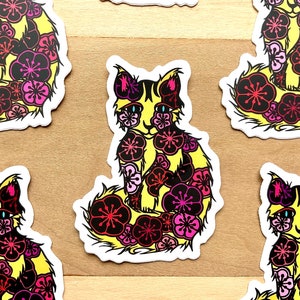 Perzik bloem kat 3 in vinyl sticker leuke kleurrijke coole kitty waterfles stickers dierenliefhebbers cadeau kattenliefhebber cadeau geluk kat sticker