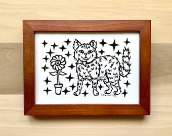 Koyuki Kitty Cat Linoleum Block Print Wood Block Handmade Hand Carved Unique Cat Lovers Gift Funnny Cute Fun Kitten Design Animal art print
