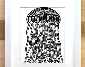 Jellyfish Linocut Print – Hand Pulled Relief Print, Minimal Ocean Wall Art, Black and White Sea Life Art