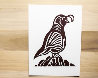 The Quail Screen Dark Brown Print handmade hand printed color original design bird  animal lovers pet portraits designs folk art style