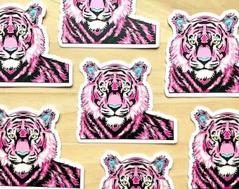 Vinylsticker roze tijger, laptopsticker (3 inch)