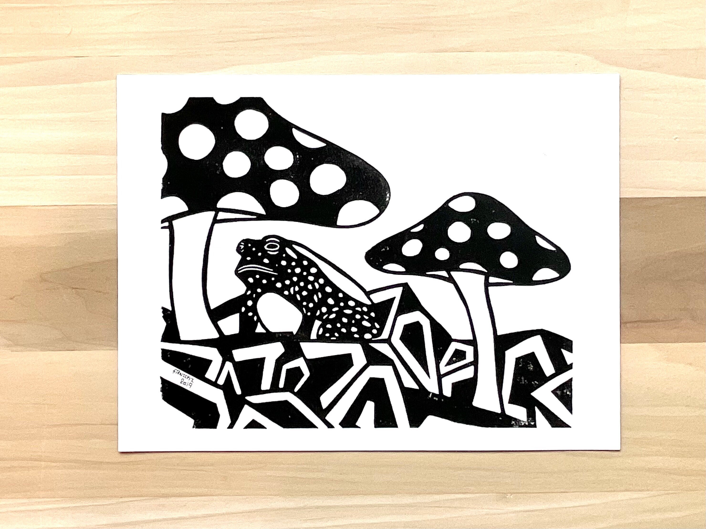 The Mushrooms and the Toad Linoleum Block Print Cute Fun Frog Mushroom ...