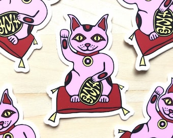Roze vinylsticker Maneki Neko, Lucky Cat-sticker