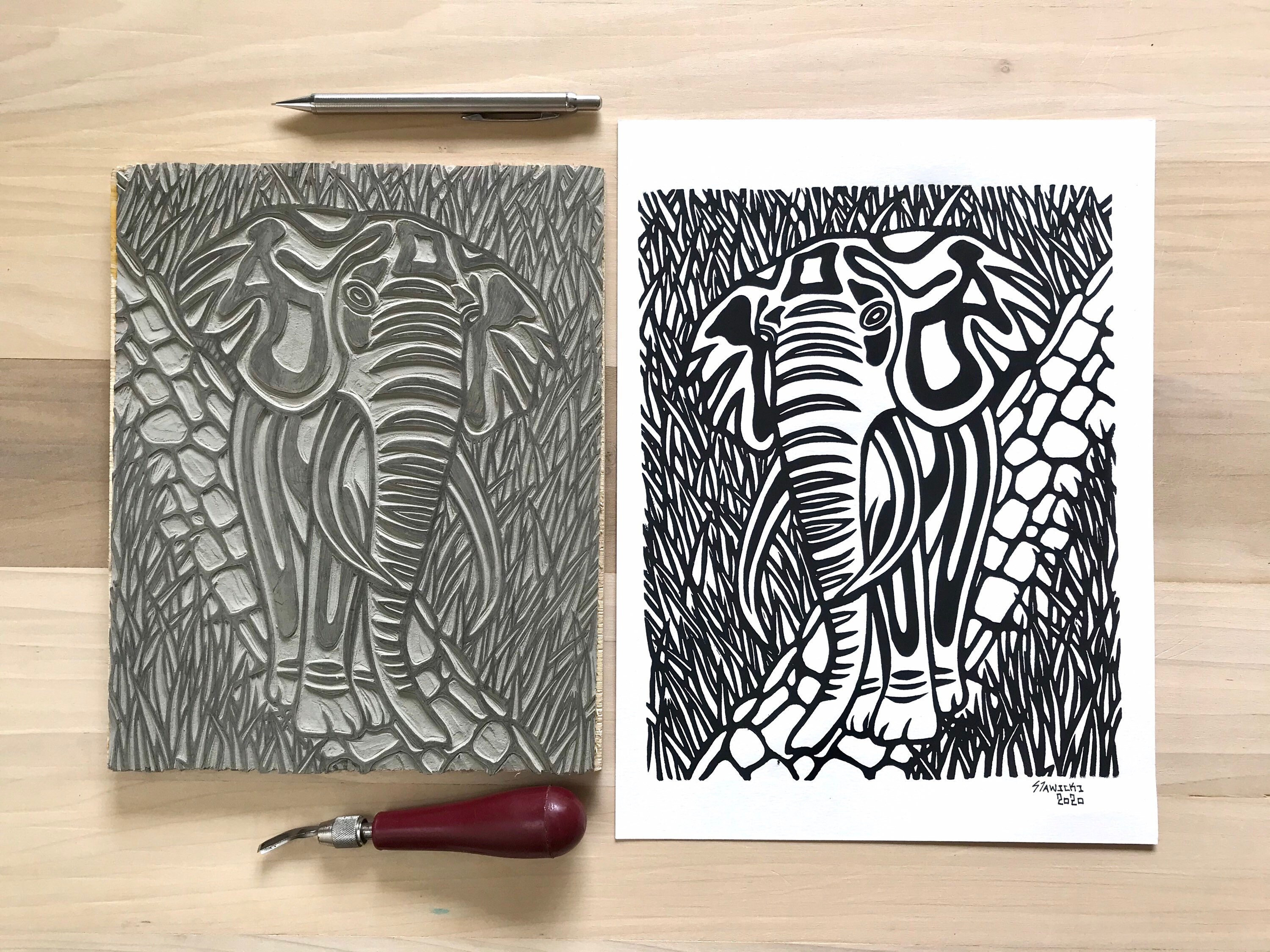 The Blue Elephant Linoleum Block Print Woodblock Safari
