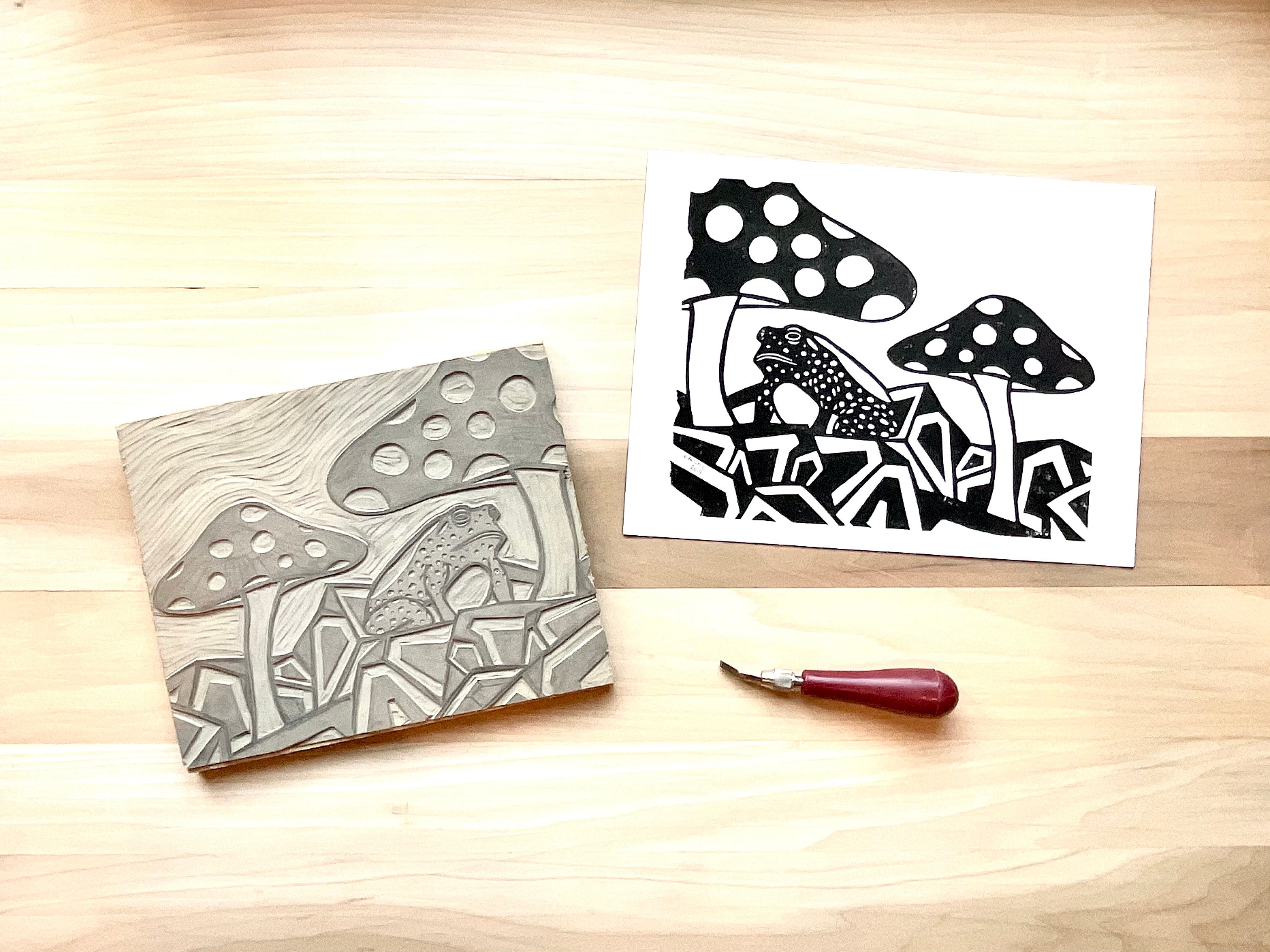 The Mushrooms and the Toad Linoleum Block Print Cute Fun Frog Mushroom ...