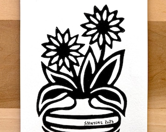 Modern Potted Flower Linoleum Print – Cute Hand Carved Botanical Wall Art