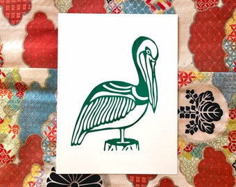 The Pelican Green Screen Print handmade hand printed color original design bird  animal lovers pet portraits designs folk art style