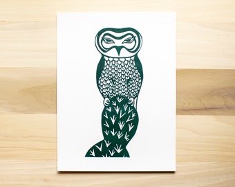 The Owl on Prickly Pear Cactus Green Screen Print handmade color original design woodland animals owl lovers portraits folk art style