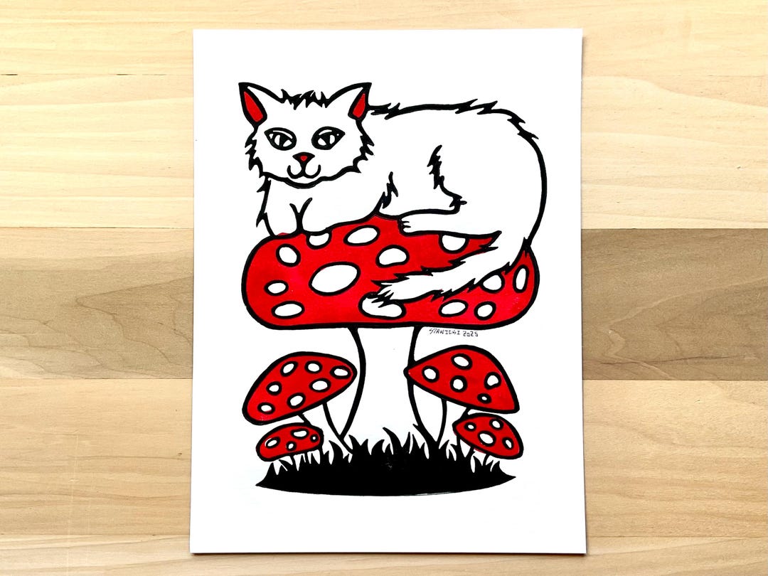 Sleepy Cat on Mushroom Print – Hand Carved Linoleum Block Art - Etsy