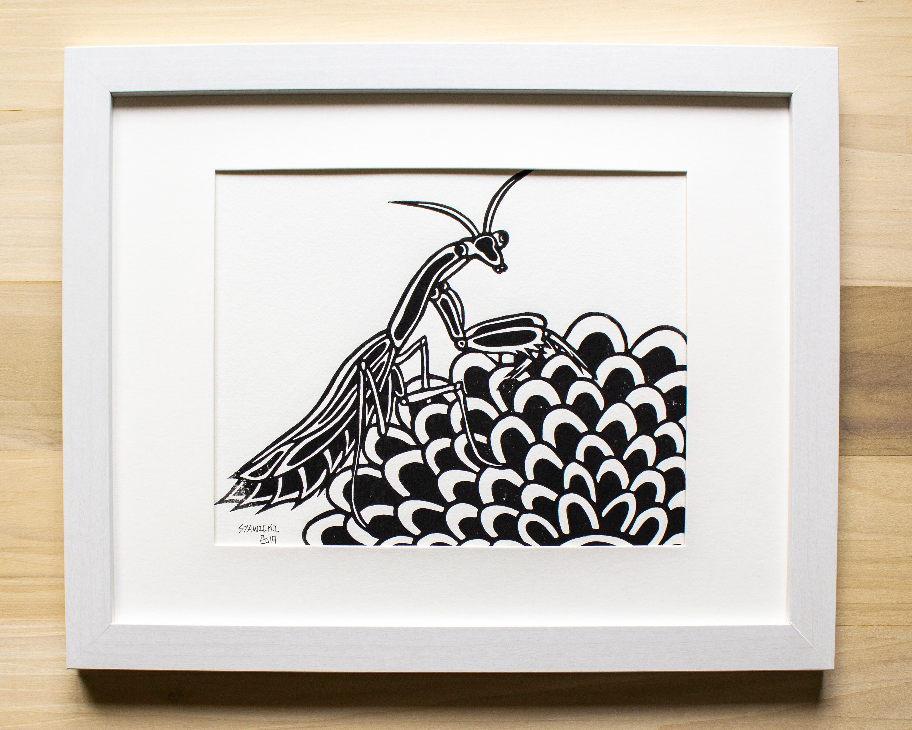 The Praying Mantis - Linoleum Block Print Handmade Hand