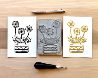 Minimalist Potted Flower Linoleum Print – Cute Hand Carved Original Botanical Wall Art