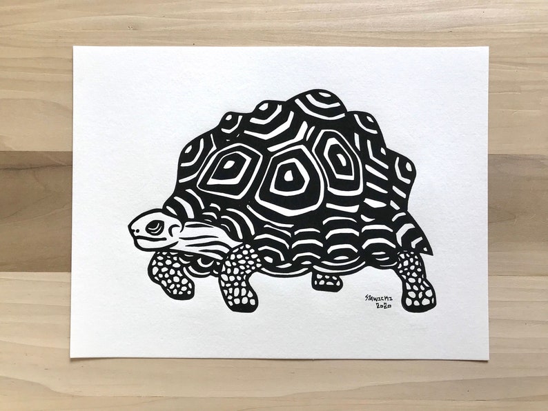May include: Black and white line art illustration of a turtle with a patterned shell. The turtle is walking to the right. The artist's signature and the year 2020 are in the bottom right corner of the image.