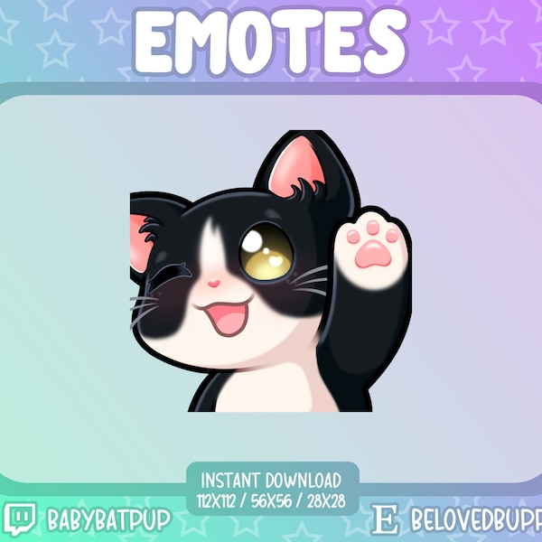 Black and White Cat Emote | Hi, Hello, Wave | Twitch | Discord | YouTube | Kick | Cute Kitty Emote for Streamer