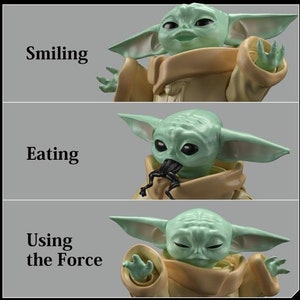 May include: A green alien-like character with large ears and big eyes is shown in three different poses. The first image shows the character smiling. The second image shows the character eating a black bug. The third image shows the character using the Force with its hands outstretched.