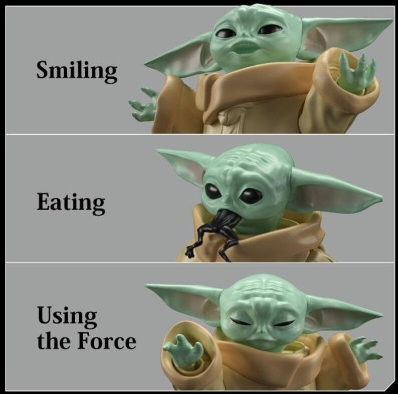 May include: A green alien-like character with large ears and big eyes is shown in three different poses. The first image shows the character smiling. The second image shows the character eating a black bug. The third image shows the character using the Force with its hands outstretched.